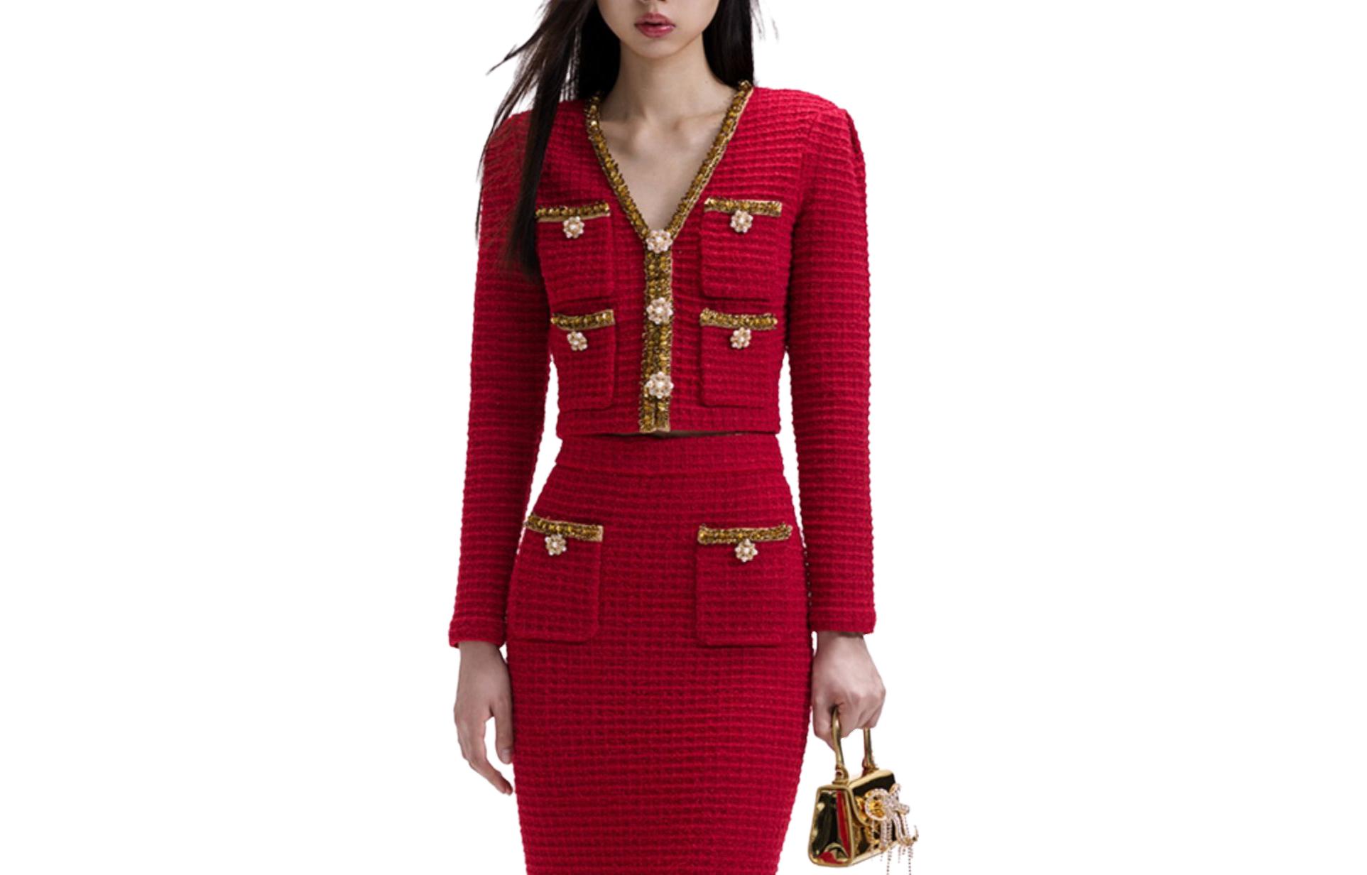 (Women) Self-Portrait  Red V-Neck Knit Top with Gold Trim and Crystal Button Detailing SWF351M00700