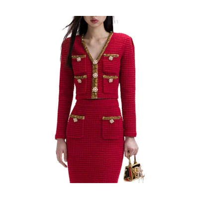 (Women) Self-Portrait Red V-Neck Knit Top with Gold Trim and Crystal Button Detailing SWF351M00700