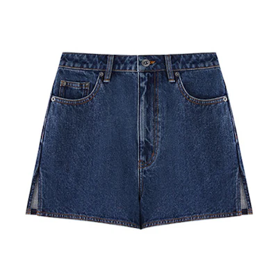 (Women) Self-Portrait Retro High-Waisted Side Slit Denim Shorts - Blue. SWF342K01300