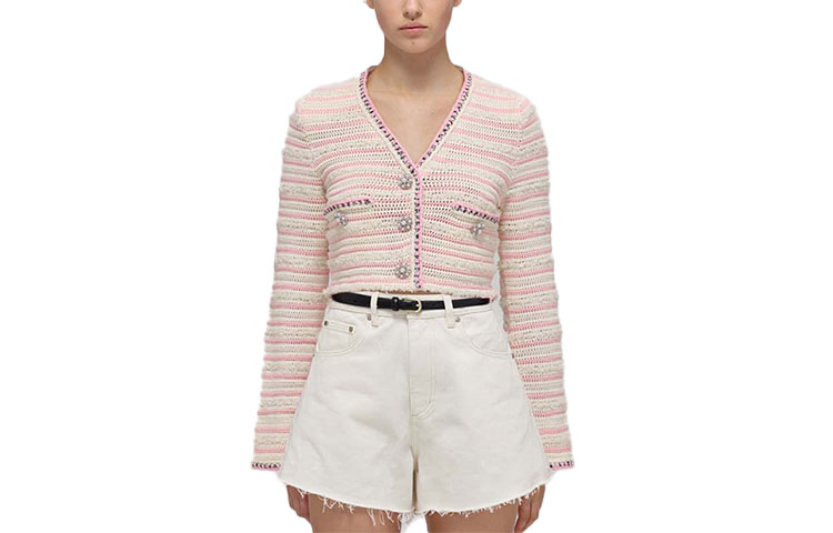 (Women) Self-Portrait  Retro Striped V-Neck Cardigan Sweater - White Pink Mix. SWF332M07000