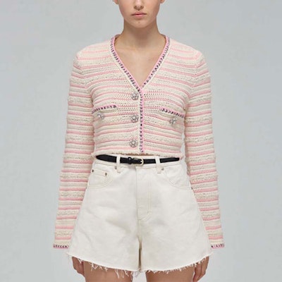 (W) Self-Portrait 復古條紋V領羊毛衫-白粉混色款 SWF332M07000 Purchase (W) Self-Portrait 復古條紋V領羊毛衫-白粉混色款 SWF332M07000