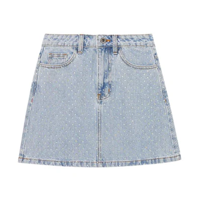 (Women) Self-Portrait Rhinestone Denim A-Line Skirt Light Blue Jean Skirt SWF352Q03400
