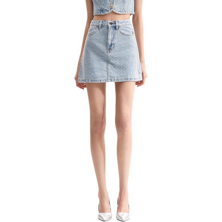 (Women) Self-Portrait  Rhinestone Denim A-Line Skirt Light Blue Jean Skirt SWF352Q03400 圖 3