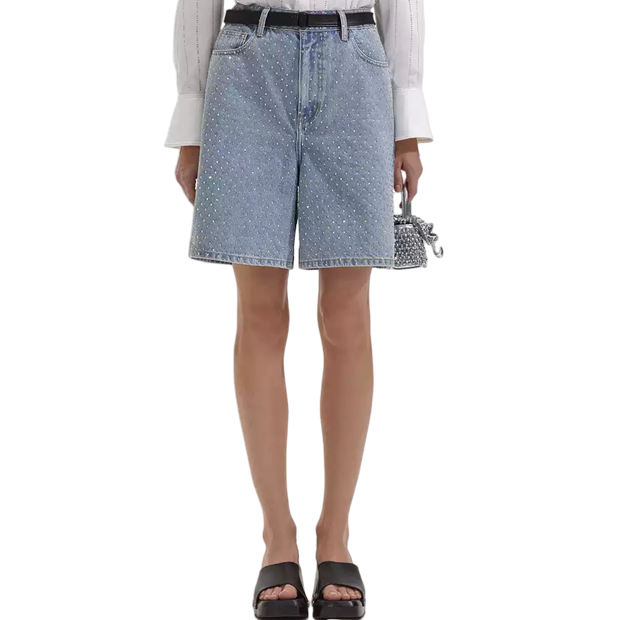 (Women) Self-Portrait  Rhinestone High-Waist Denim Shorts Fashionable and Chic SWF352K02700