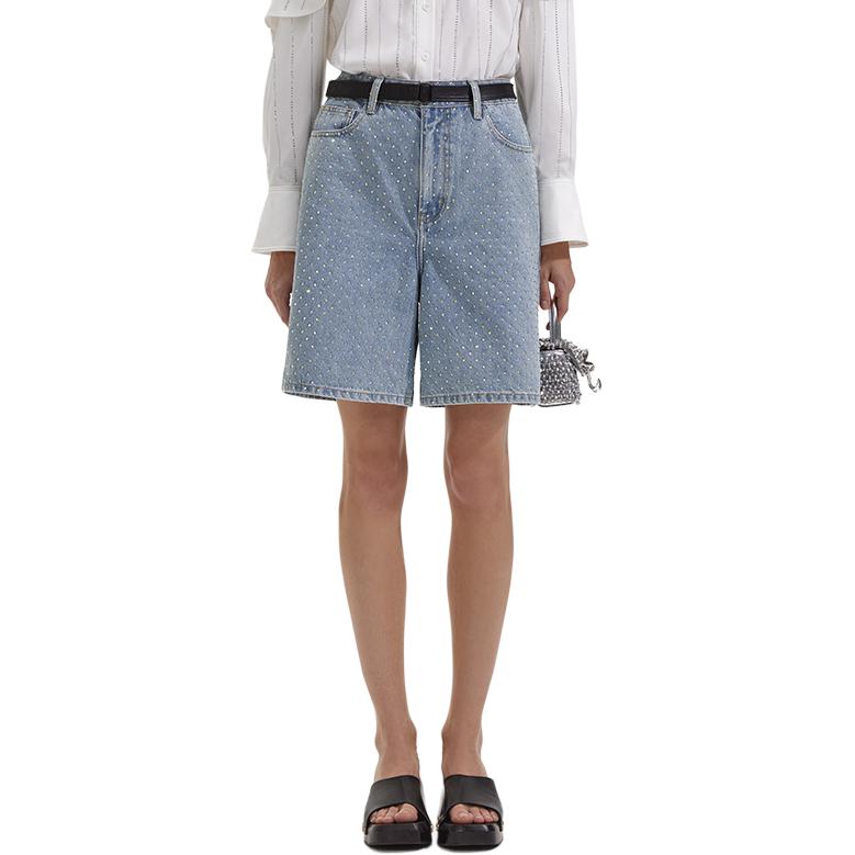 Lookbook (W) Self-Portrait Seluar Pendek Denim Rhinestone High-Waist Gaya Moden dan Chic. SWF352K02700