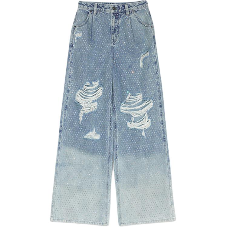 (Women) Self-Portrait  Rhinestone High-Waist Distressed Wide-Leg Jeans Light Blue SWF354K02100