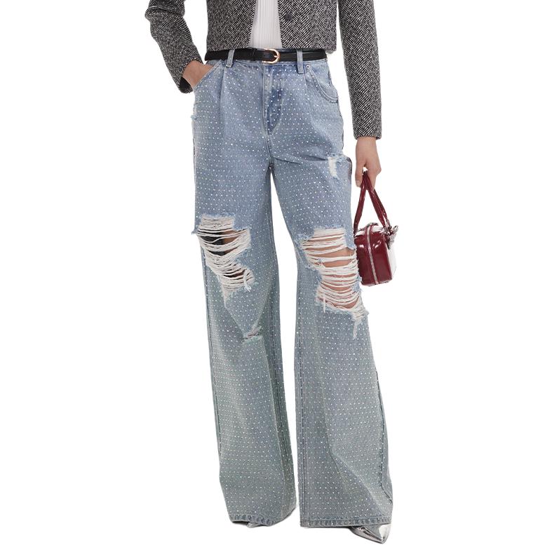 Lookbook (W) Self-Portrait Jeans Lebar Bertatahkan Rhinestone Pinggang Tinggi Biru Muda SWF354K02100