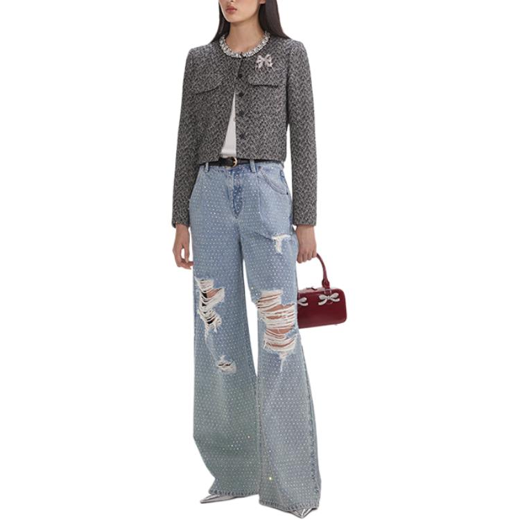 Shop (W) Self-Portrait Jeans Lebar Bertatahkan Rhinestone Pinggang Tinggi Biru Muda SWF354K02100