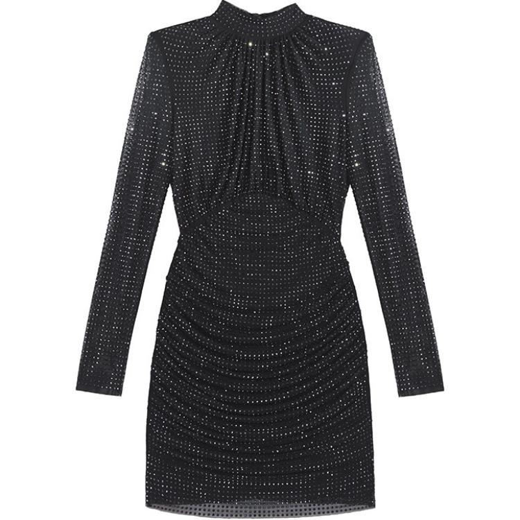 (Women) Self-Portrait  Rhinestone Long Sleeve Black Bodycon Dress SWF344Y13900