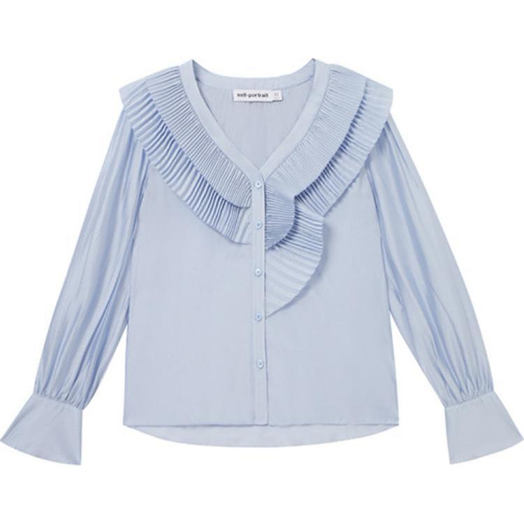 (Women) Self-Portrait  Ruffle V-Neck Long Sleeve Shirt in Misty Blue. SWF353C00100