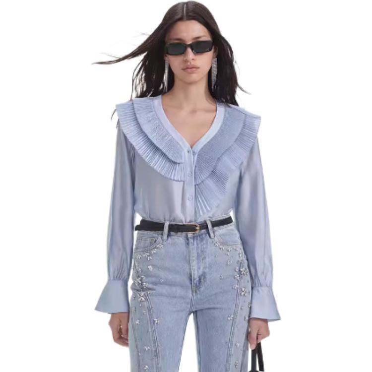 Shop (W) Self-Portrait 荷葉領長袖襯衫 - 霧藍色 SWF353C00100