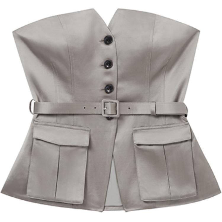 (Women) Self-Portrait  Satin Bustier in Solid Dark Gray-Brown. SWF353B00400