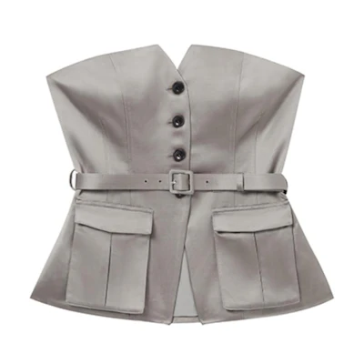(Women) Self-Portrait Satin Bustier in Solid Dark Gray-Brown. SWF353B00400