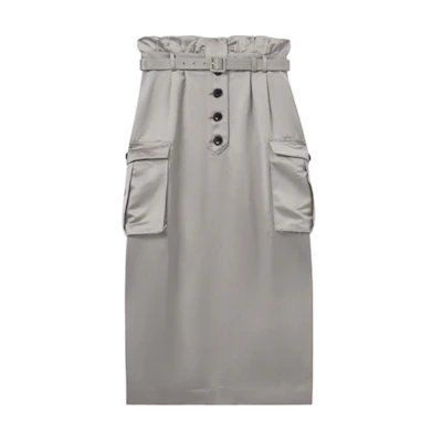 (Women) Self-Portrait Satin Utility Midi Skirt - Slim Fit, Dark Grey Brown. SWF353Q00200