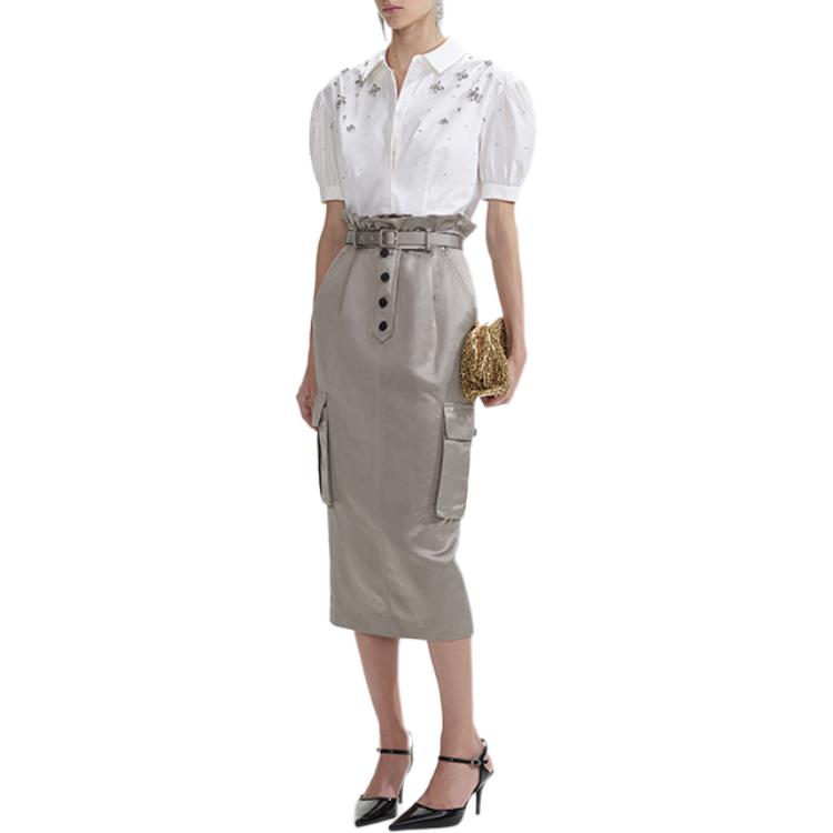 (Women) Self-Portrait  Satin Utility Midi Skirt - Slim Fit, Dark Grey Brown. SWF353Q00200 圖 3