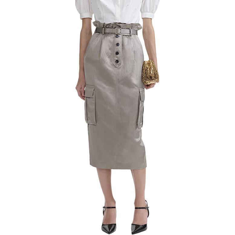 (Women) Self-Portrait  Satin Utility Midi Skirt - Slim Fit, Dark Grey Brown. SWF353Q00200 圖 4