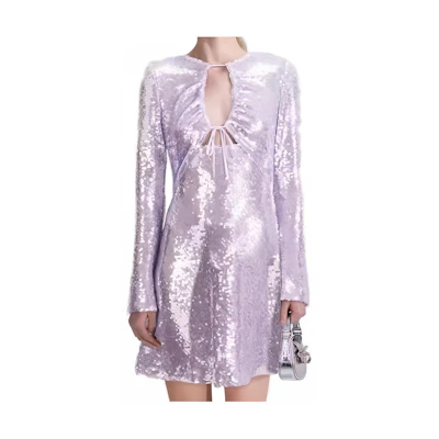 (Women) Self-Portrait Sequin Mermaid Long Sleeve Dress in Lilac Purple SWF343Y07500