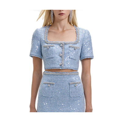 (Women) Self-Portrait Sequined Short-Sleeve Crop Top Misty Blue. SWF351C01600