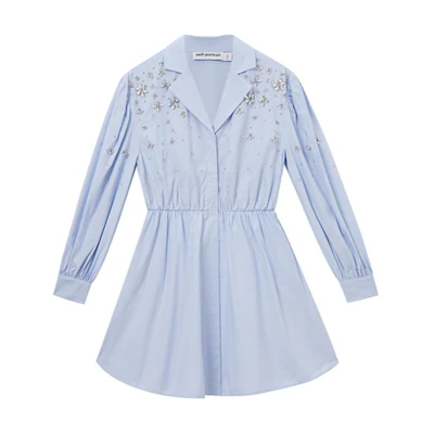 (Women) Self-Portrait Short Long-Sleeve Dress with Embellished Collar Mist Blue SWF353Y02200
