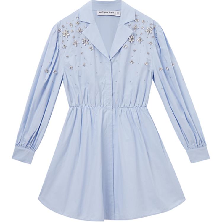 Order (Women) Self-Portrait  Short Long-Sleeve Dress with Embellished Collar Mist Blue SWF353Y02200