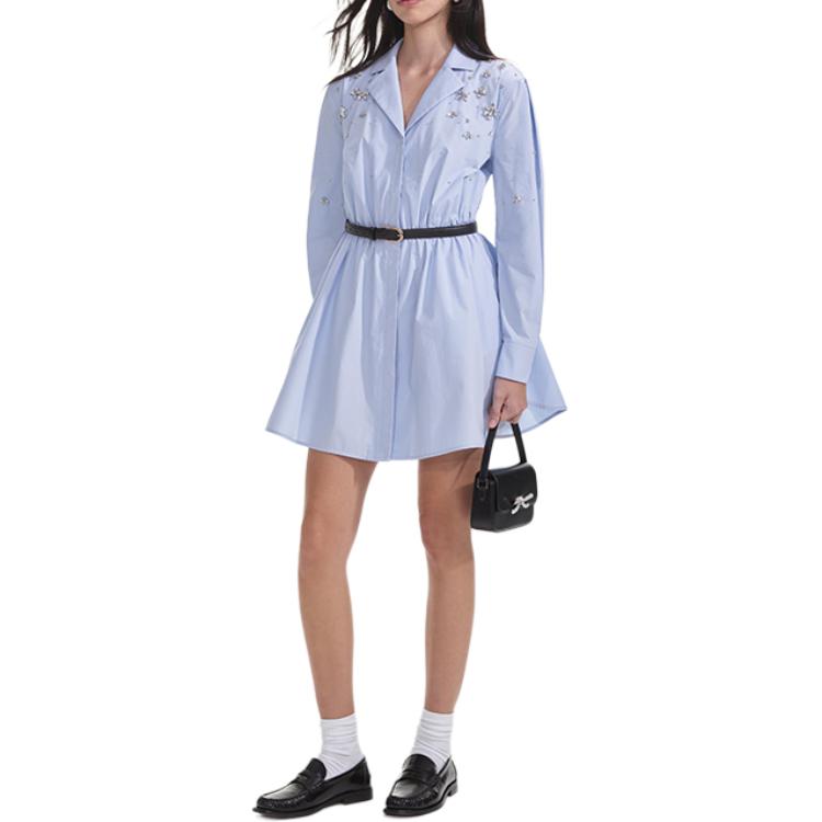 Shop (Women) Self-Portrait  Short Long-Sleeve Dress with Embellished Collar Mist Blue SWF353Y02200