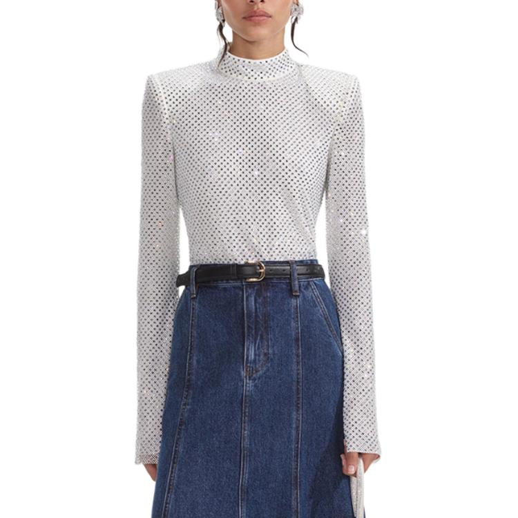 (Women) Self-Portrait  Silver Rhinestone High-Neck Mesh Long-Sleeve Top SWF354C02000