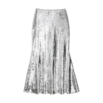 (Women) Self-Portrait Silver Sequin Flared Midi Skirt Casual SWF351Q01900