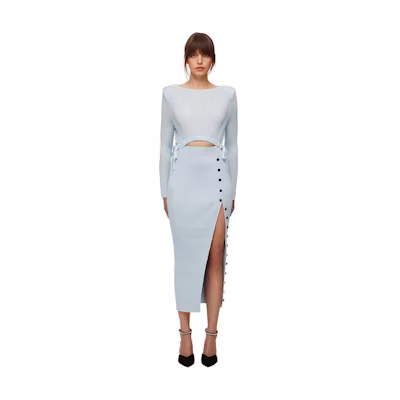 (Women) Self-Portrait Sky Blue High-Waist Knit Long Sleeve Midi Dress. SWF325M06100