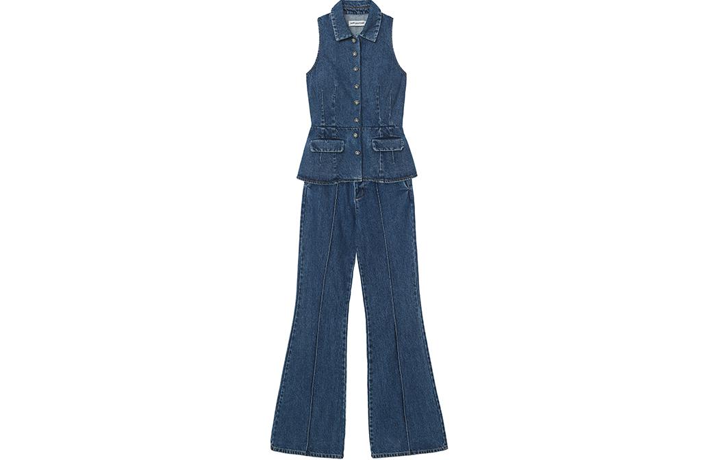 (Women) Self-Portrait  Sleeveless Denim Blue Jumpsuit with Flared Legs SWF351K00500