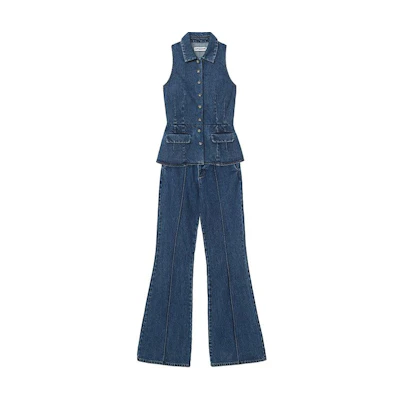 (Women) Self-Portrait Sleeveless Denim Blue Jumpsuit with Flared Legs SWF351K00500