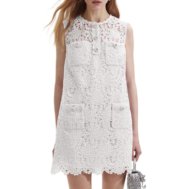 (Women) Self-Portrait  Sleeveless Lace A-Line Mini Dress in Pure White. SWF352Y29000