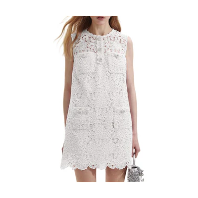 (Women) Self-Portrait Sleeveless Lace A-Line Mini Dress in Pure White. SWF352Y29000