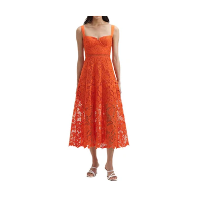 (Women) Self-Portrait Sleeveless Lace Midi Dress Bright Orange SWF352Y27100