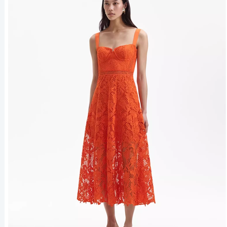 (Women) Self-Portrait  Sleeveless Lace Midi Dress Bright Orange SWF352Y27100 圖 5