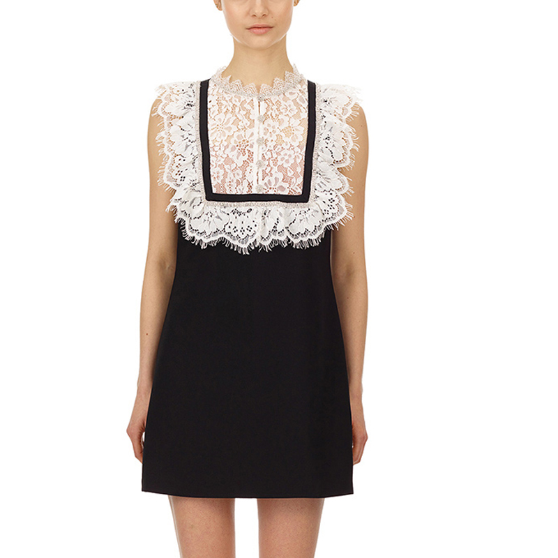 (Women) Self-Portrait  Sleeveless Lace Trim Dress with Rhinestone Details Black/White SWF322Y13300 圖 4
