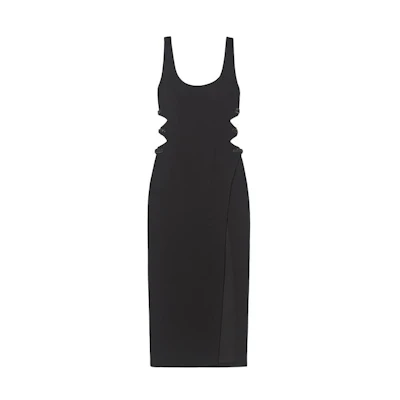 (Women) Self-Portrait Sleeveless Midi Dress U-Neck Slit Classic Black. SWF352Y14500
