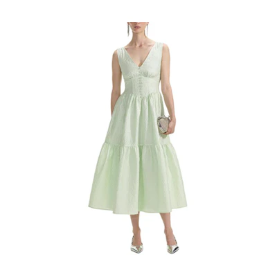 (Women) Self-Portrait Sleeveless Mint Green Midi Dress V-Neck Waist-Tie SWF353Y01400