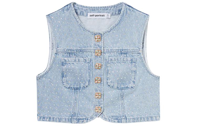(Women) Self-Portrait  Sleeveless Solid Button Vest in Light Denim Blue SWF352C04000