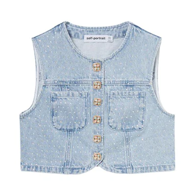 (Women) Self-Portrait Sleeveless Solid Button Vest in Light Denim Blue SWF352C04000