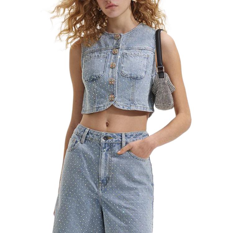 Lookbook (W) Chaleco sin mangas Self-Portrait con botones en azul denim claro. SWF352C04000