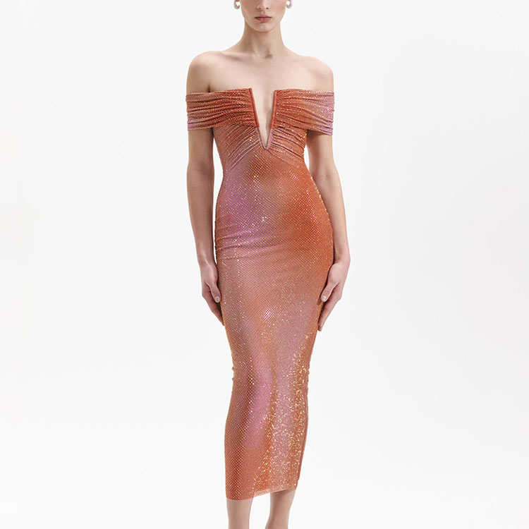 (Women) Self-Portrait  Sleeveless V-Neck Fitted Dress in Orange Mix. SWF352Y16300 圖 5