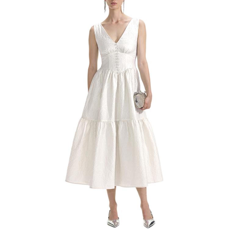 (Women) Self-Portrait  Sleeveless V-Neck Midi Dress in Pure White SWF353Y08300