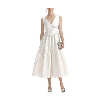 (Women) Self-Portrait Sleeveless V-Neck Midi Dress in Pure White SWF353Y08300