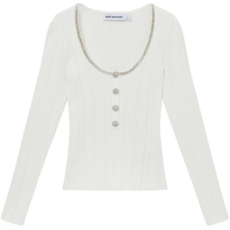 (Women) Self-Portrait  Slim-Fit White Knit Long-Sleeve Tank Top Sweater SWF354M05500