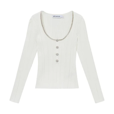 (Women) Self-Portrait Slim-Fit White Knit Long-Sleeve Tank Top Sweater SWF354M05500