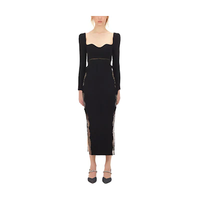 (Women) Self-Portrait Slim Fit Knitted Lace Cheongsam Split Black Long Dress SWF325M03100