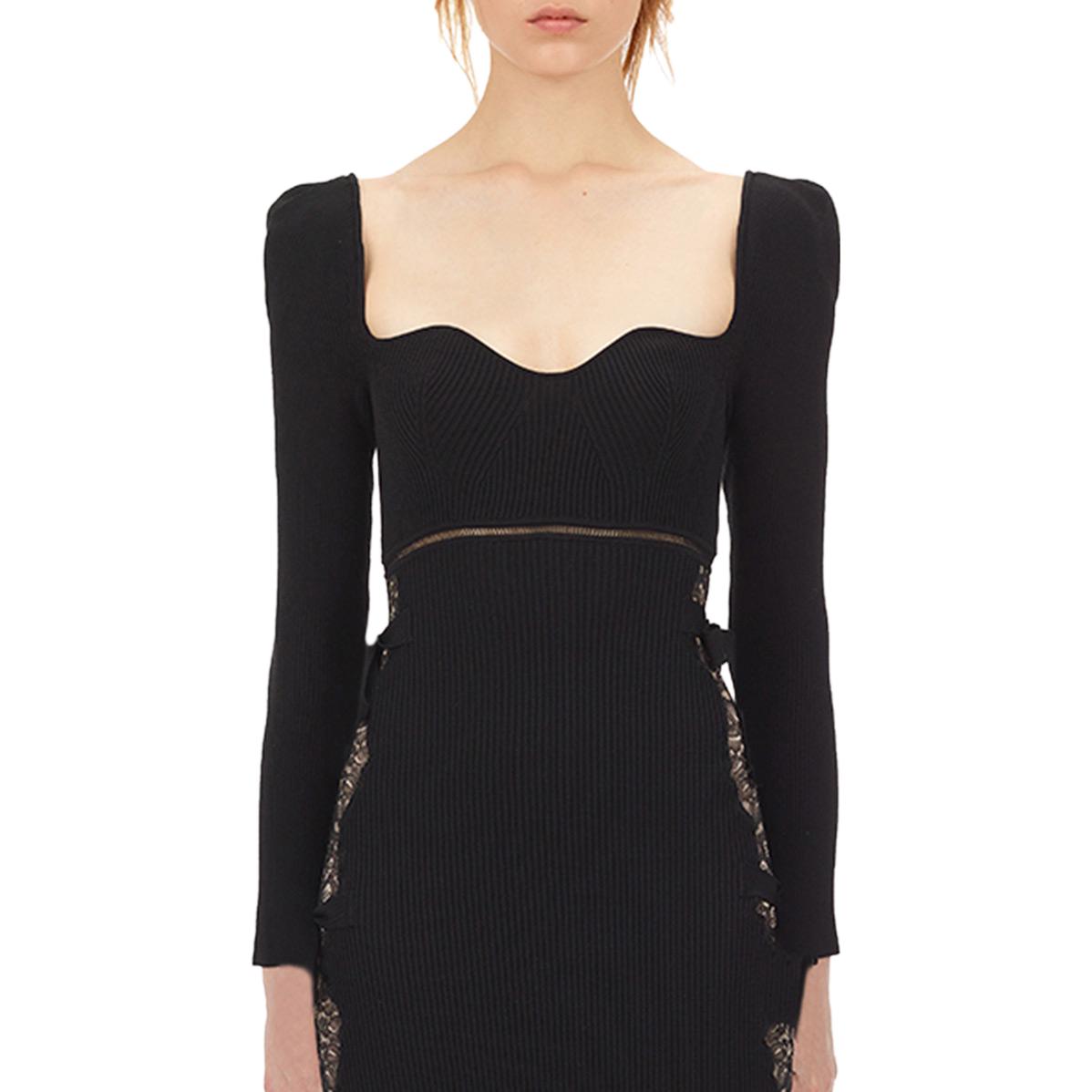 (Women) Self-Portrait  Slim Fit Knitted Lace Cheongsam Split Black Long Dress SWF325M03100 圖 4