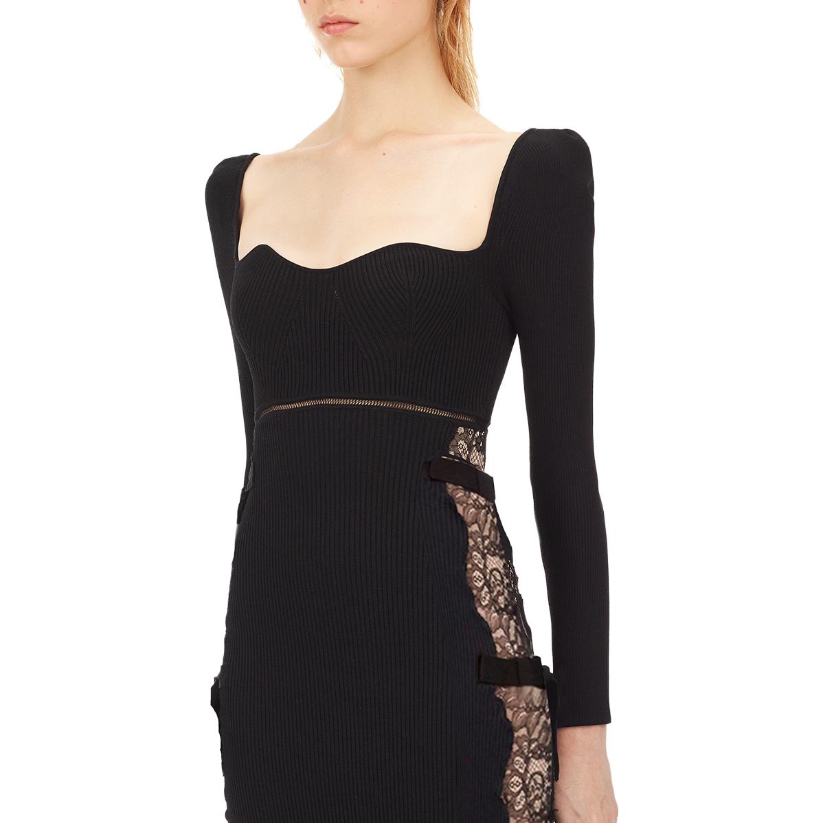 (Women) Self-Portrait  Slim Fit Knitted Lace Cheongsam Split Black Long Dress SWF325M03100 圖 5