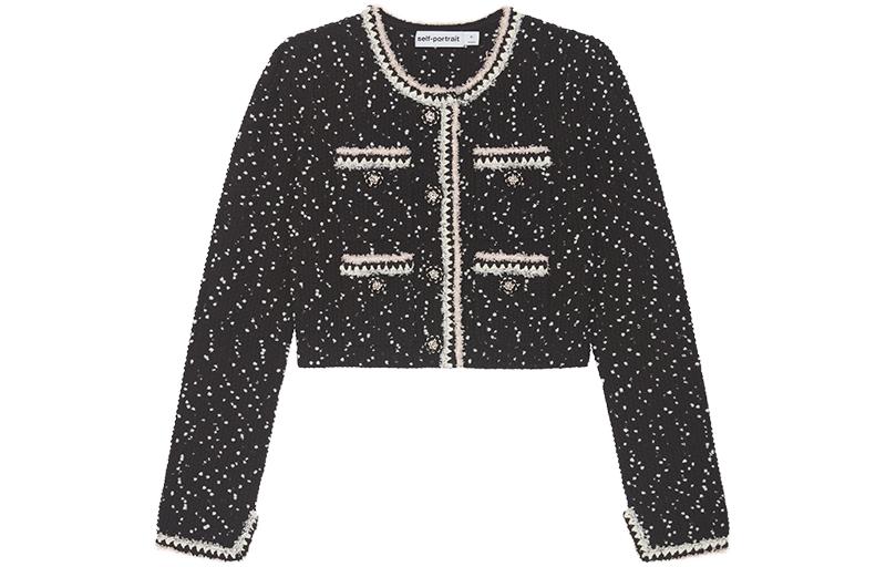 (Women) Self-Portrait  Snowflake Pink Knit Fringe Jacket - Black Mix Color. SWF344M05500