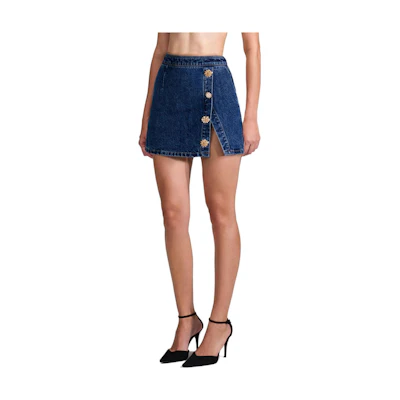 (Women) Self-Portrait Solid Button Split Denim Mini Skirt. SWF342Q01700